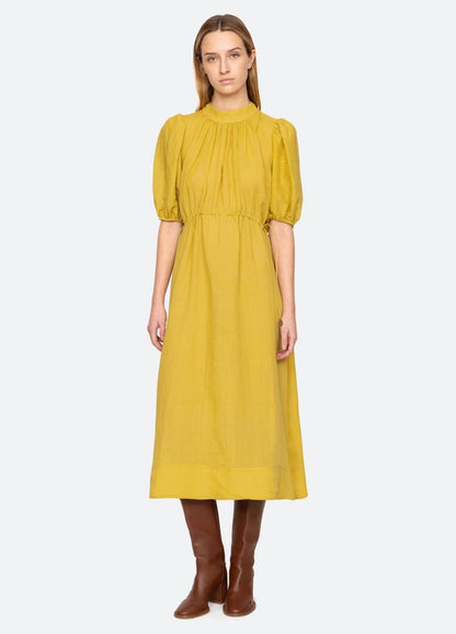 SE Anise S/S Short-Sleeved Ramie Puff Midi Dress (with detachable cotton slip)