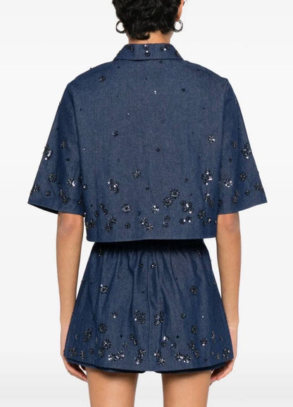 MJ Cobradi Crop Top | Jobradita Midi Skirt | Layered Shorts Skort | Embroidered Denim Embellished Crystal Set