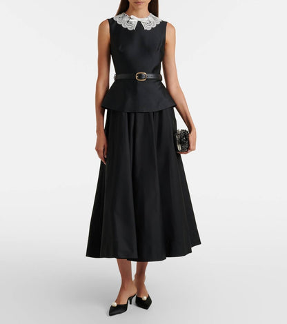 SP Black Belted Peplum Midi Dress in Taffeta
