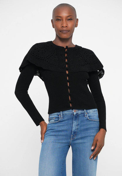 SE Black Nara Crochet Long Sleeve Cardigan Top With Capelet