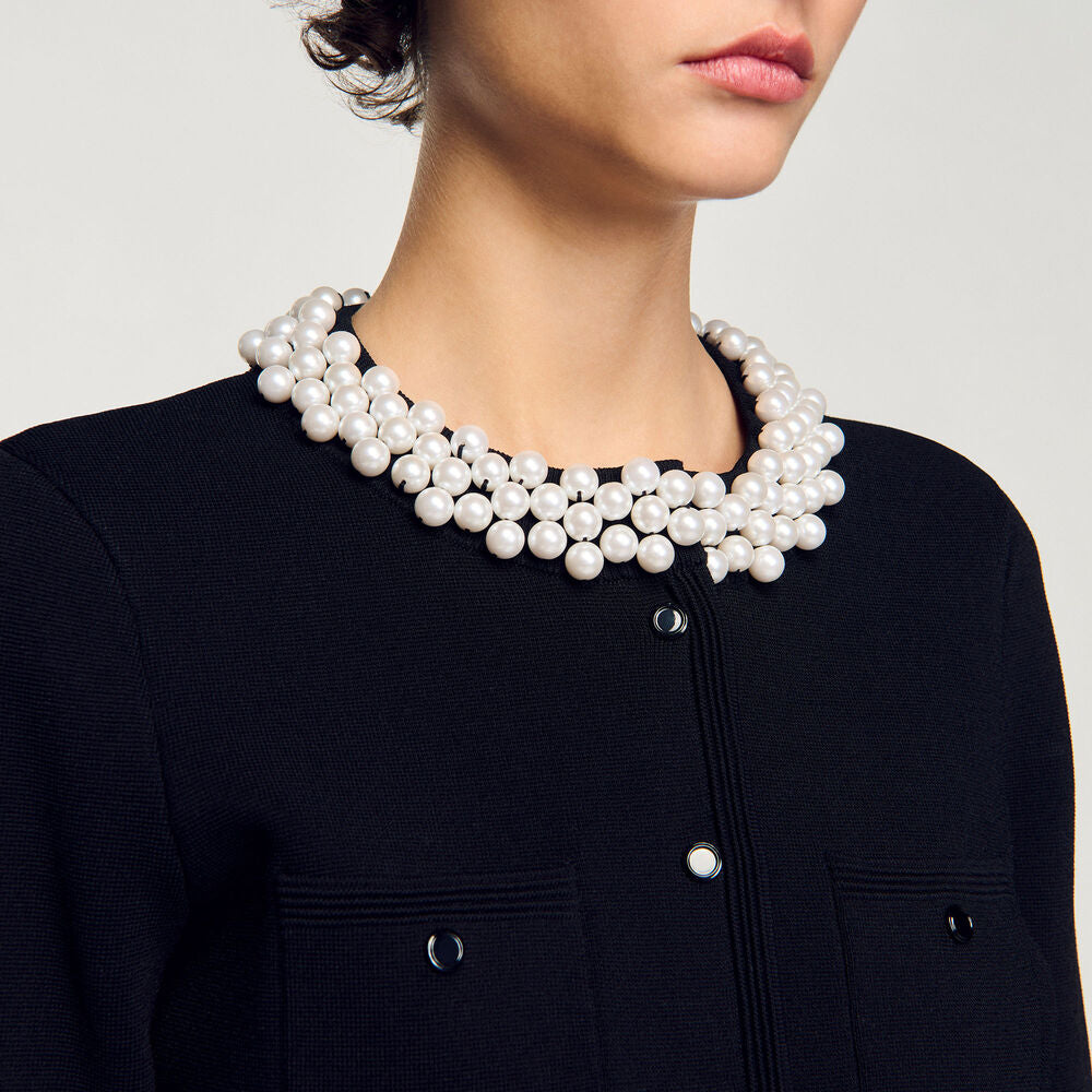 SD Cardigan with Pearl Beaded Collar | Short Knit Mini Skirt | Set