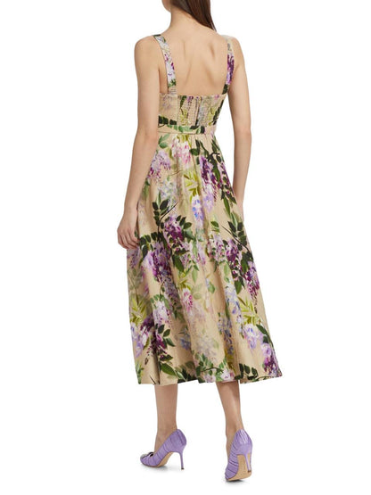 CC Calypso Bustier Belted Midi Dress in Floral Linen | Trellis Eyelet White Cotton