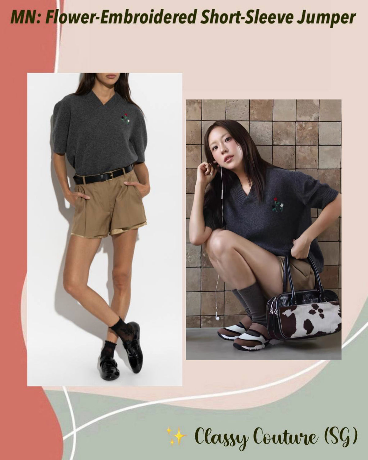 MM Grey Flower-Embroidered Short-Sleeve Wool-cashmere Jumper Top