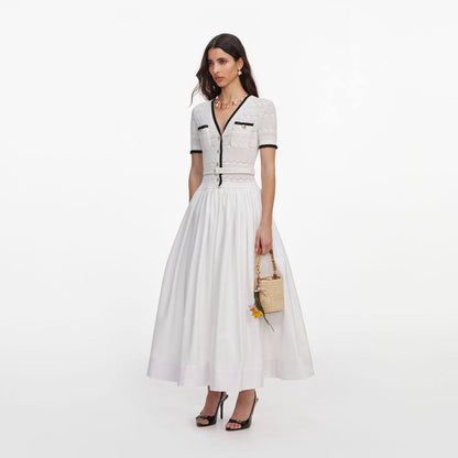 White Cotton-blend Pointelle Knit Drop-waist Midi Dress
