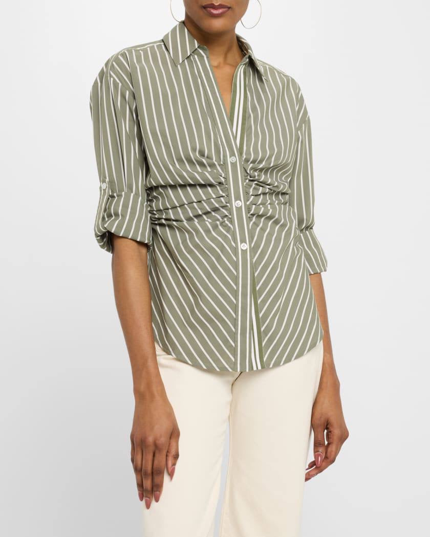 VB Devra Striped Button-Down Ruched Cotton-Blend Shirt