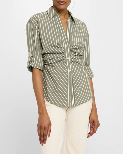 VB Devra Striped Button-Down Ruched Cotton-Blend Shirt