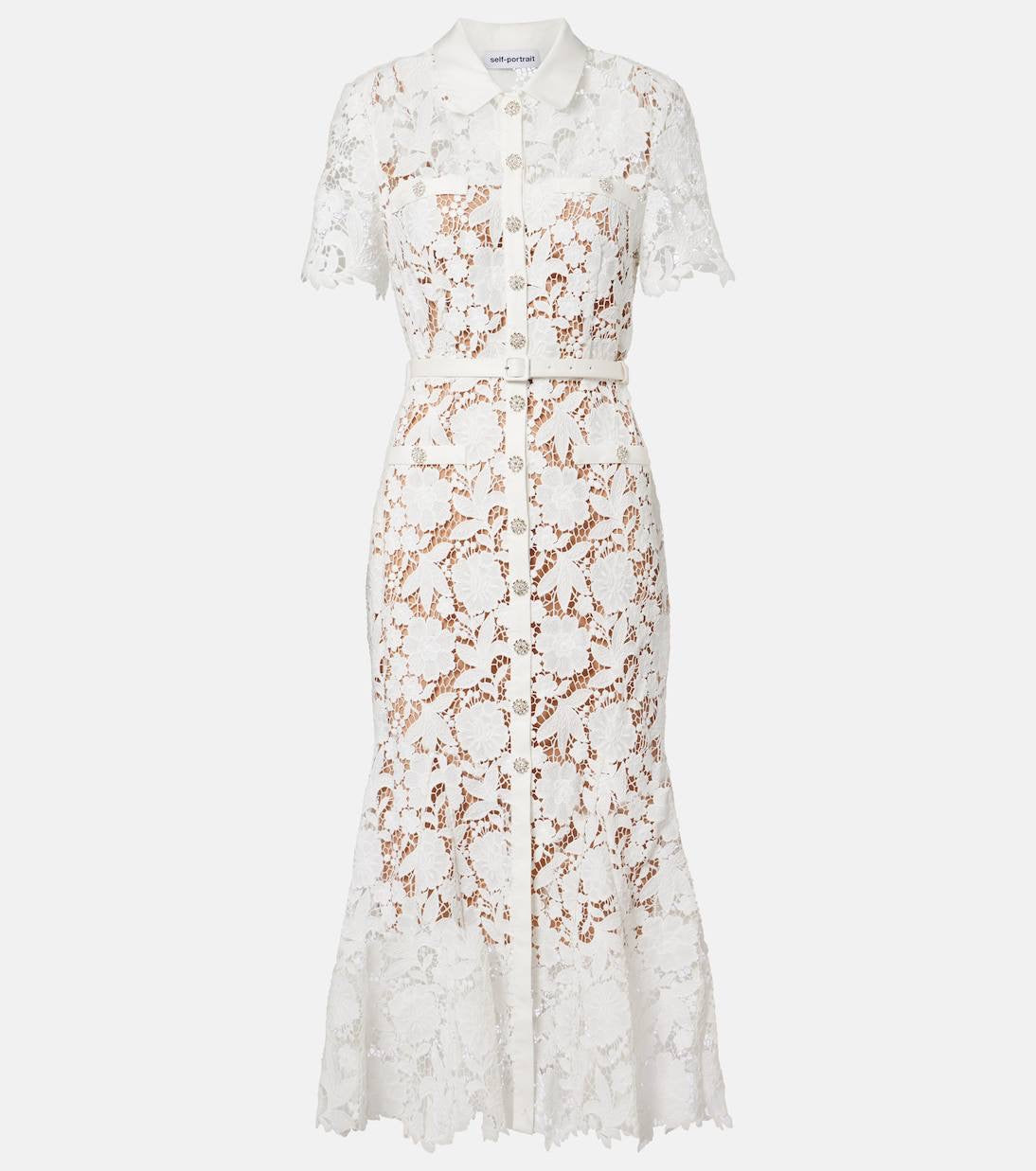 SP White Lace Collared Mermaid Belted Midi Dress