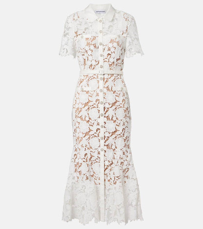 SP White Lace Collared Mermaid Belted Midi Dress