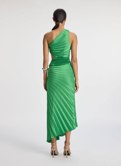 ALC Dahlia Satin Pleated One Shoulder Midi Dress with Cut Out