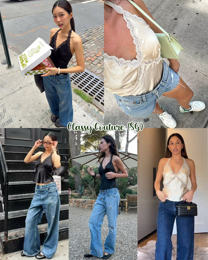 6 Colors! Ref Monica Silk Halter Lace Trim Top