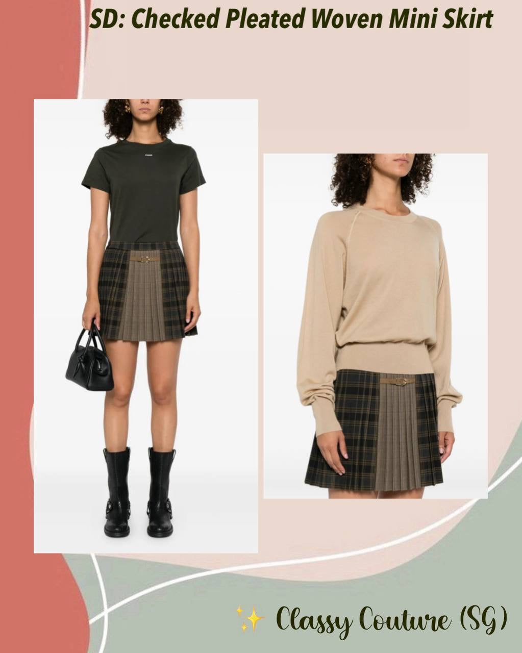 SD Oliviana Checked Pleated Woven Buckle Mini Skirt