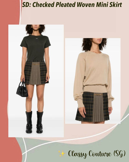 SD Oliviana Checked Pleated Woven Buckle Mini Skirt