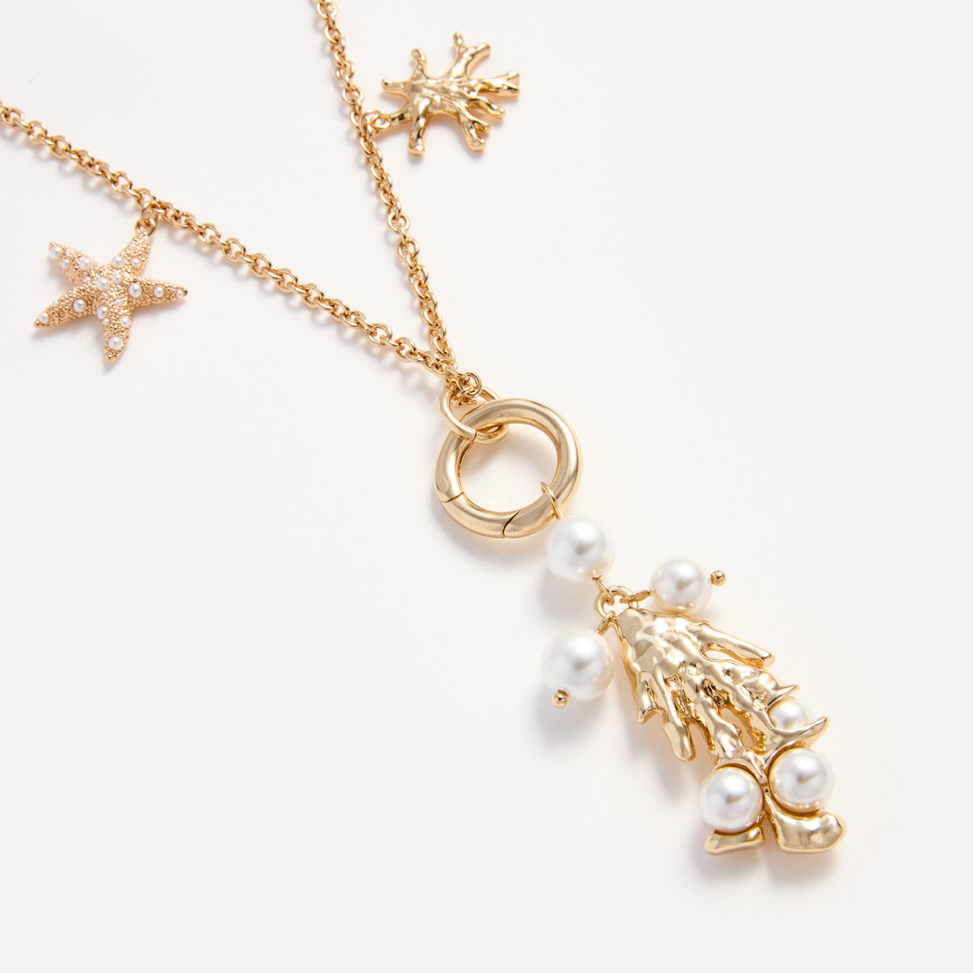 SP Gold-tone Pearl Short Shell & Long Coral Charm Necklace