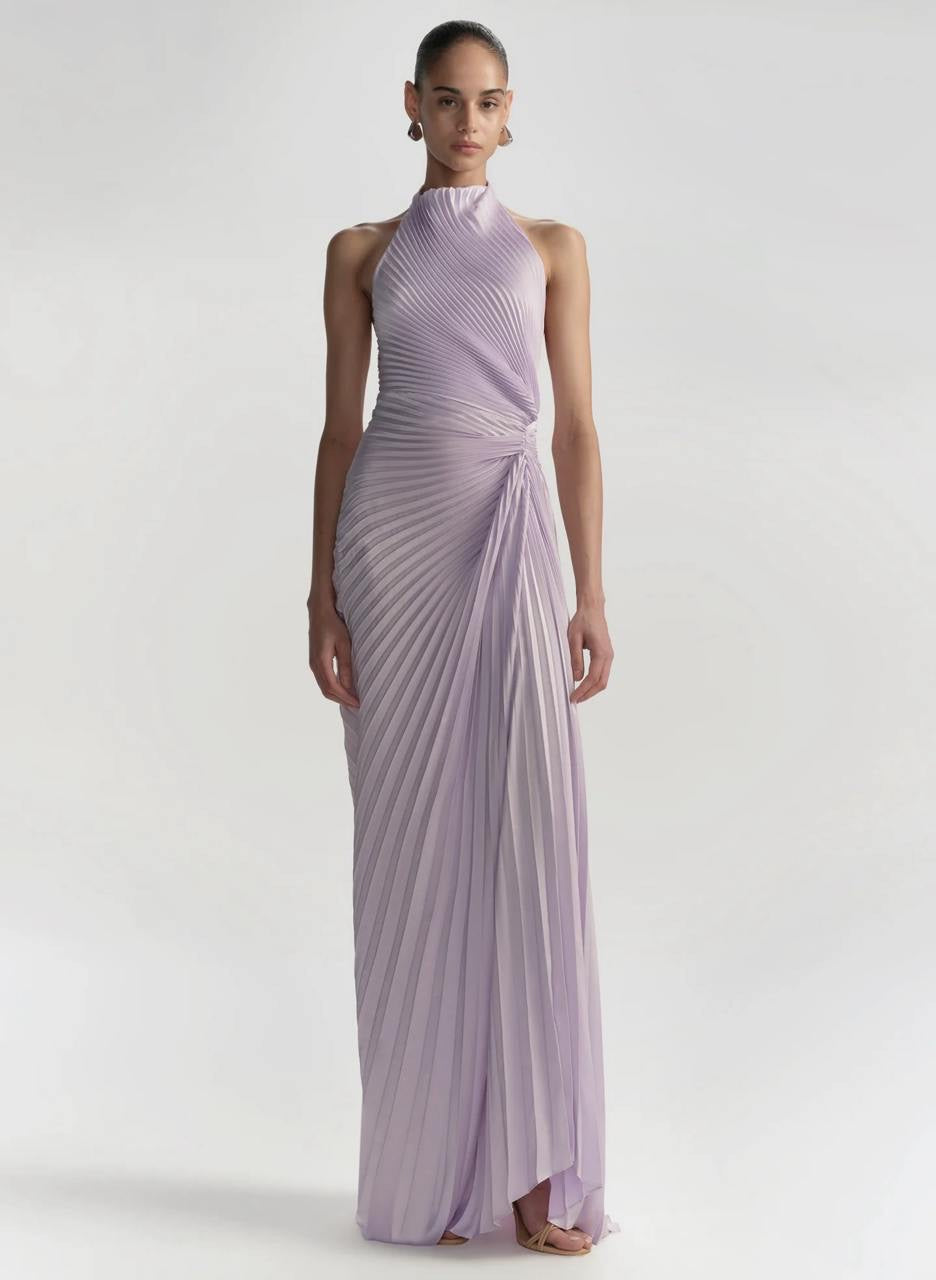 ALC Romy Halter Pleated Satin Gown Maxi Dress