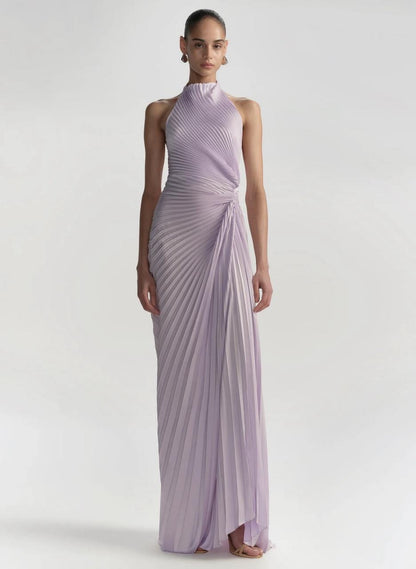 ALC Romy Halter Pleated Satin Gown Maxi Dress