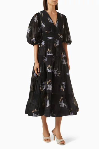 Black Iris Floral Pleated Mini | Midi Dress