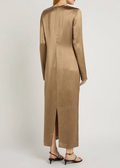 TOT Viscose Satin High-Neck Long Sleeve Midi Maxi Dress