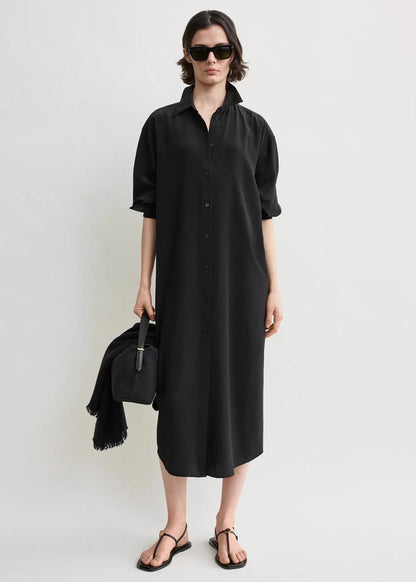 TOT Silk Shirtdress Midi Dress / Long Shirt in Black & Brown