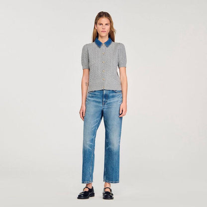 SD Mado Denim Collar Short-sleeved Wool-Cashmere Cable Knit Cardigan
