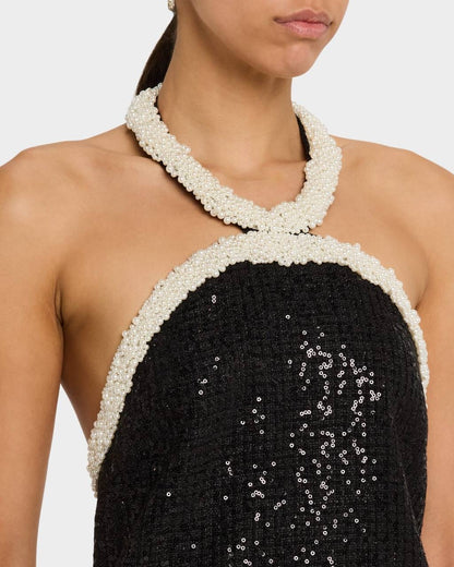 SP Black Metallic Pearl Trim Halter Boucle Mini Dress