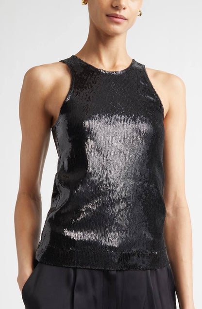TOT Sequin Curved Sequin Tank | Long Sleeve Shirt | Low-waist Column Midi Skirt | Set