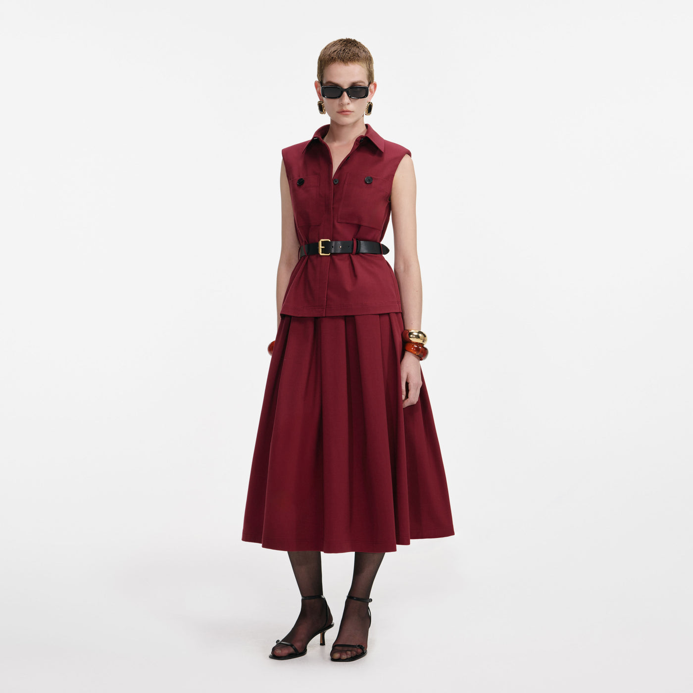 SP Burgundy Twill Belted Midi Dress (Top & Skirt Set)