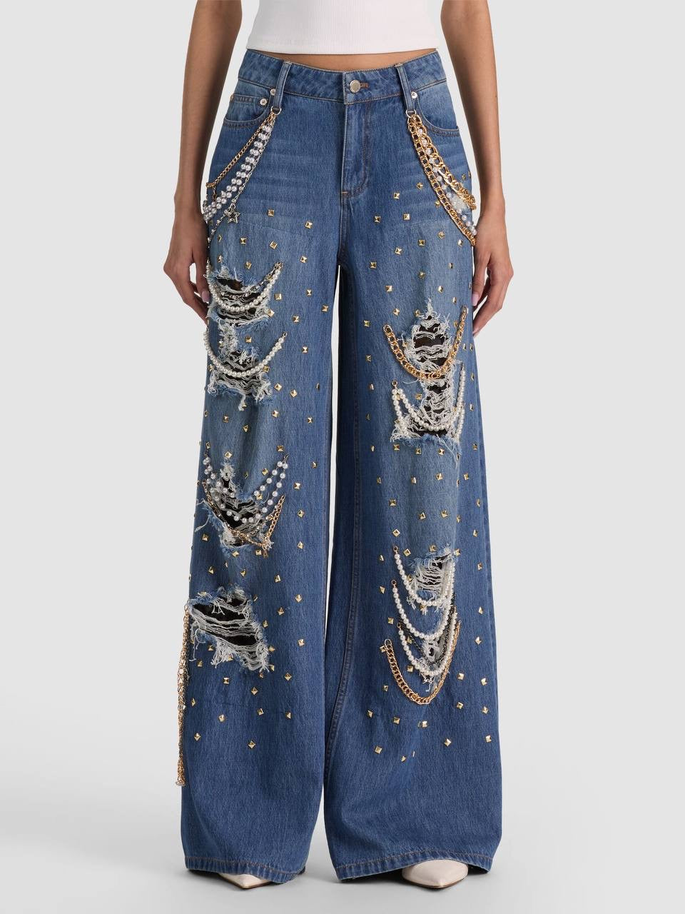Harper Gold-tone Chain & Pearl-Embellished Ripped Mid-Rise Wide-leg Jeans