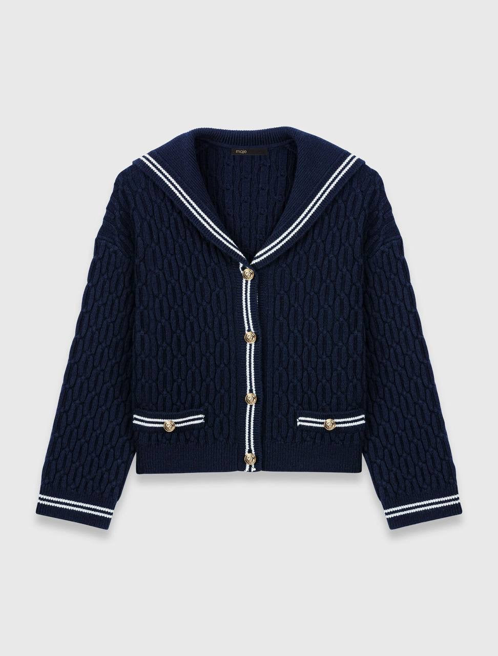 MJ Mirayalo Wool Cable-Knit Sailor Boat Neck Cardigan