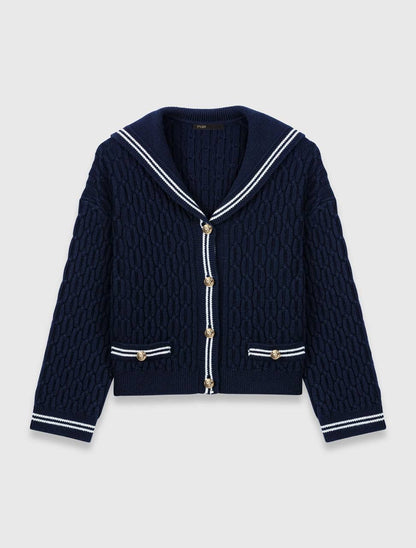 MJ Mirayalo Wool Cable-Knit Sailor Boat Neck Cardigan