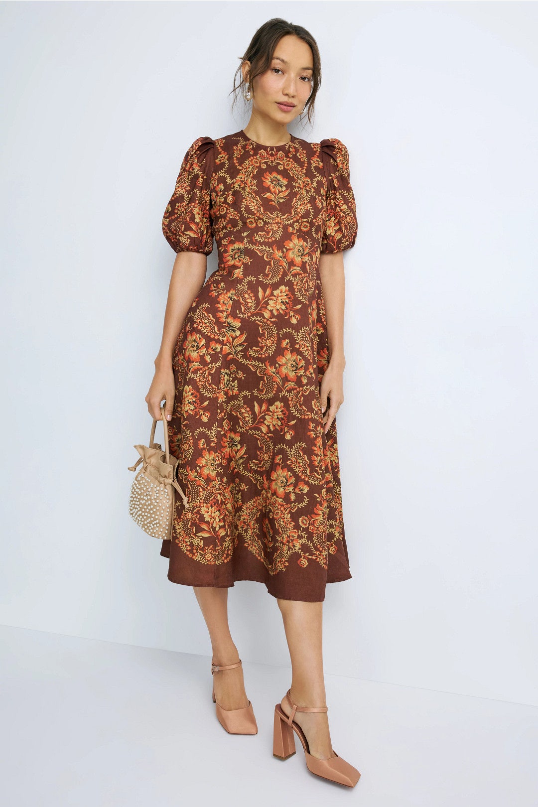 ALM Seraphina Printed Puff Sleeve Linen Midi Dress