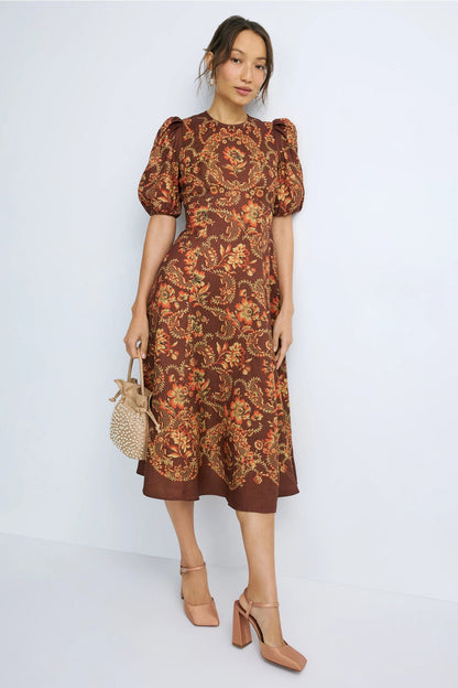 ALM Seraphina Printed Puff Sleeve Linen Midi Dress