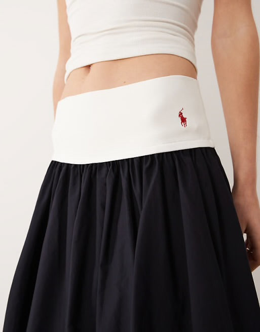 RL Panelled Woven Drop-waist Contrast Cotton A-line Midi Maxi Skirt