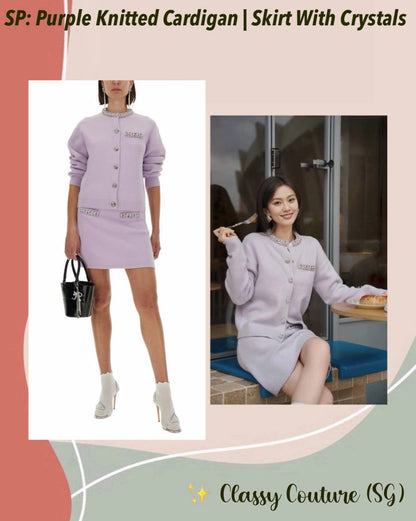 SP Lilac Purple Knitted Crystal-Trim Long Cardigan | Mini Skirt | Set