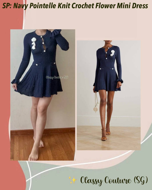 SP Navy Pointelle Knit Crochet Flower Mini Dress