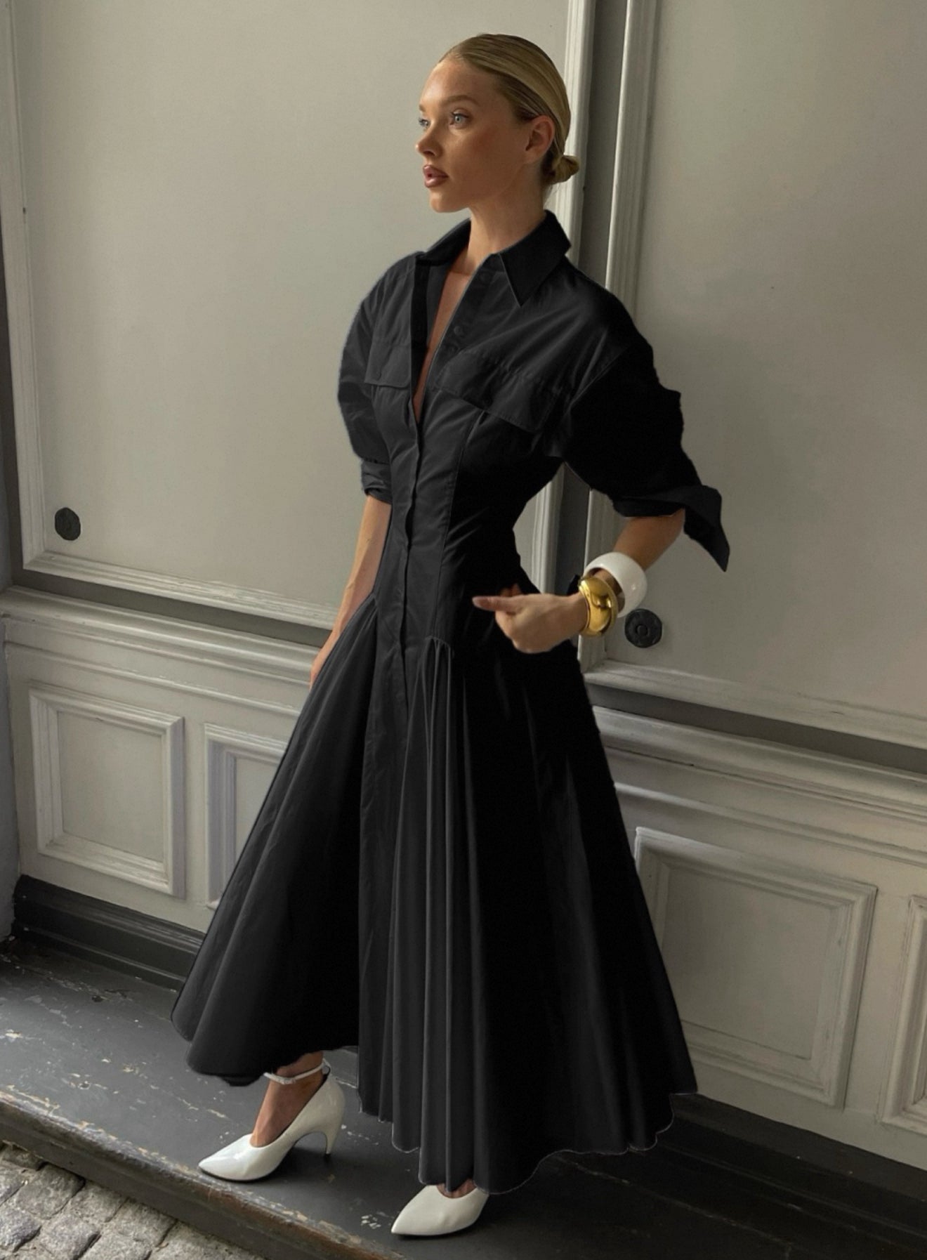 HS Godet Shirtdress Cotton Midi Dress