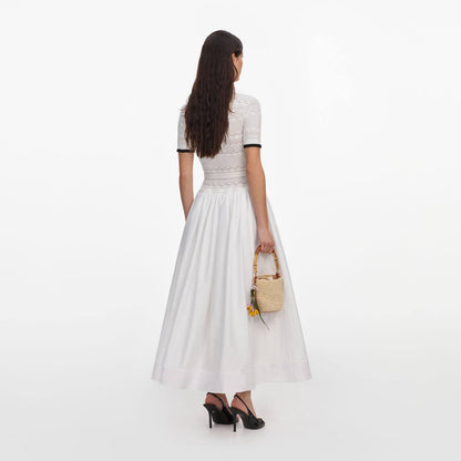 White Cotton-blend Pointelle Knit Drop-waist Midi Dress