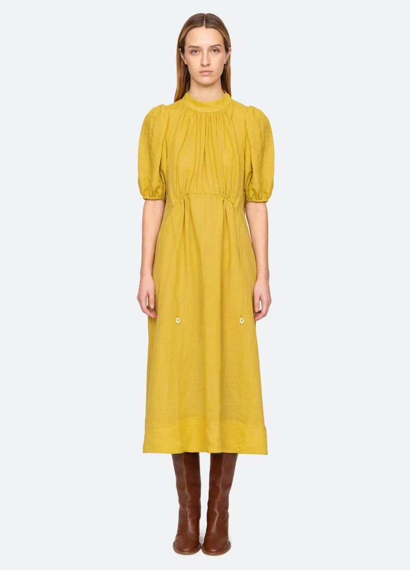 SE Anise S/S Short-Sleeved Ramie Puff Midi Dress (with detachable cotton slip)