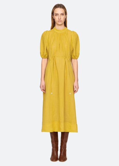 SE Anise S/S Short-Sleeved Ramie Puff Midi Dress (with detachable cotton slip)