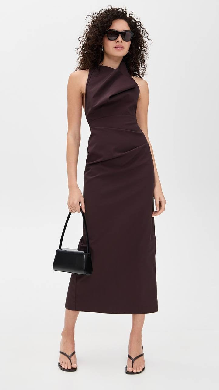 SA Structural Tie Halter Twill Midi Dress