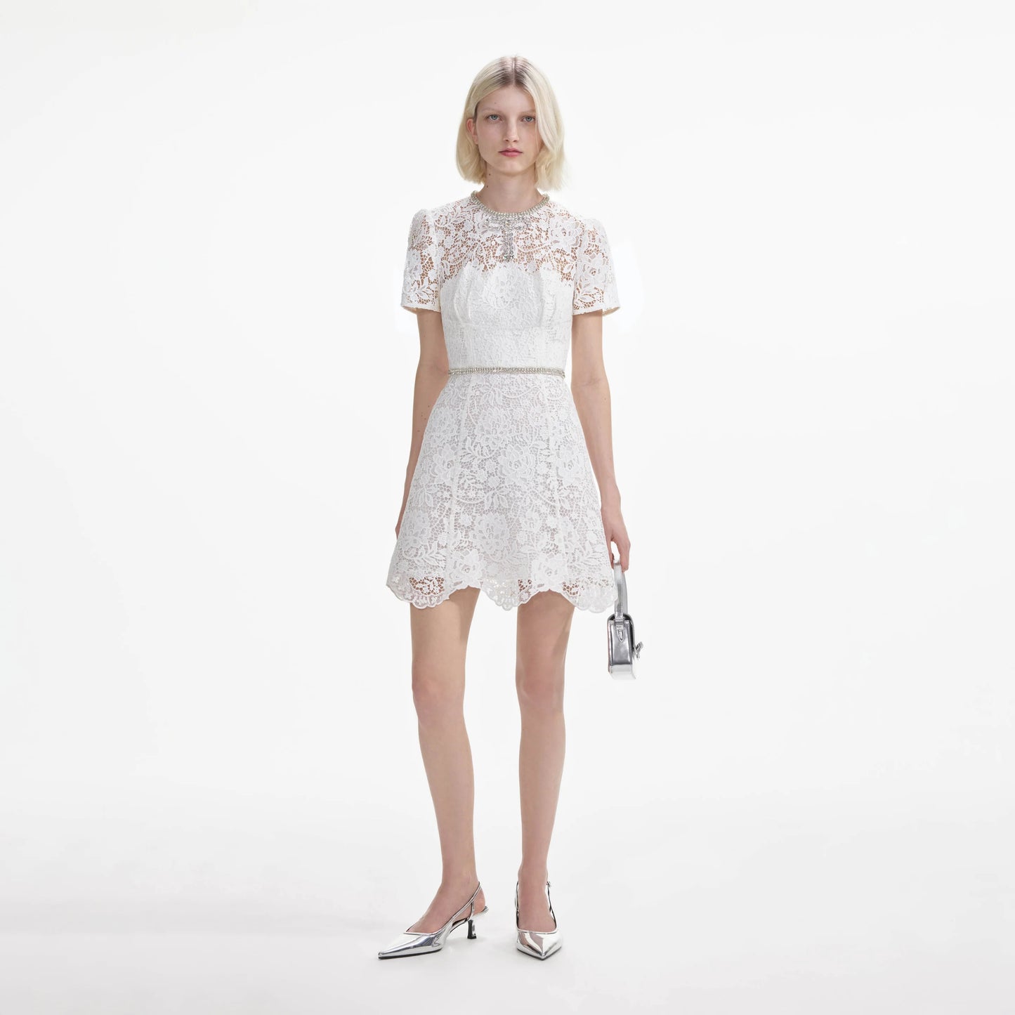 SP White Lace Diamante Mini Dress with Crystal Bow