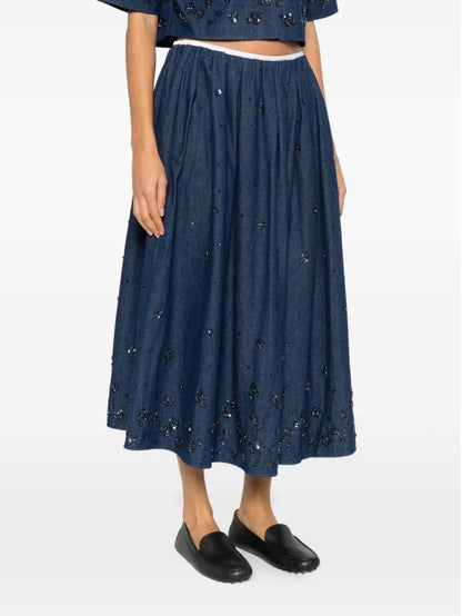 MJ Cobradi Crop Top | Jobradita Midi Skirt | Layered Shorts Skort | Embroidered Denim Embellished Crystal Set