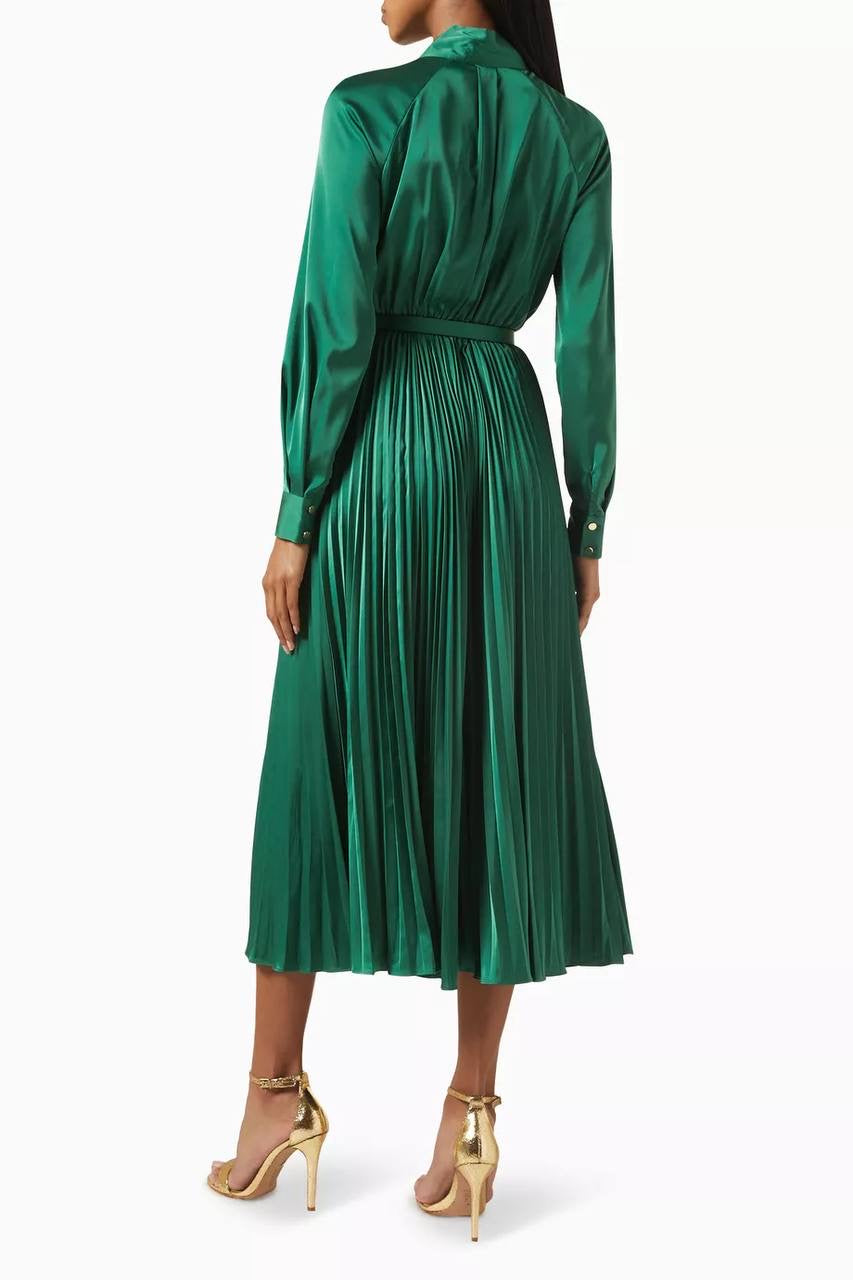SP Green Satin Pussybow Pleated Midi Dress