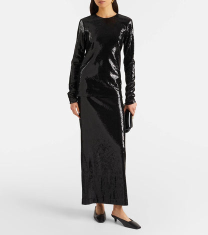 TOT Sequin Curved Sequin Tank | Long Sleeve Shirt | Low-waist Column Midi Skirt | Set