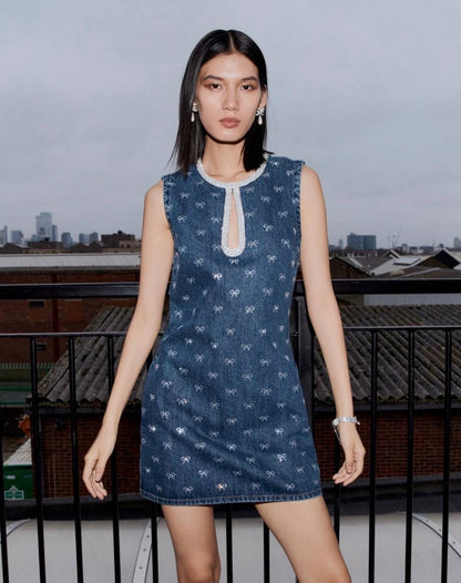 SP Denim Diamante Bow Sequin Keyhole Shift Mini Dress