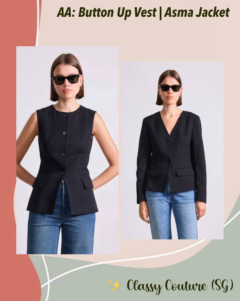 AA Button Up Vest Top | Asma V-neck Jacket | Linen-Cotton set