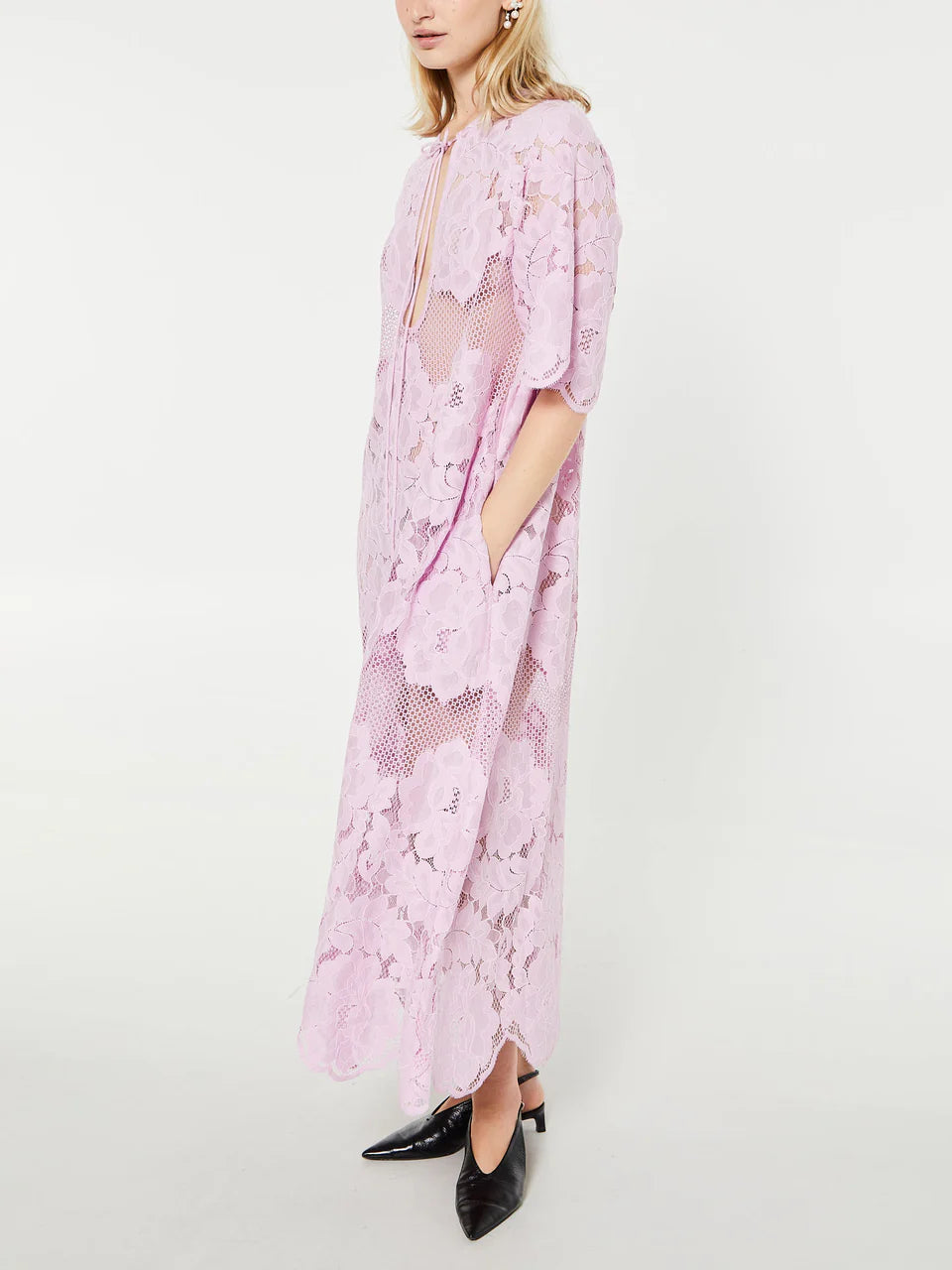 ML Lola Cotton-blend Sheer Lace Short Sleeve Midi Dress