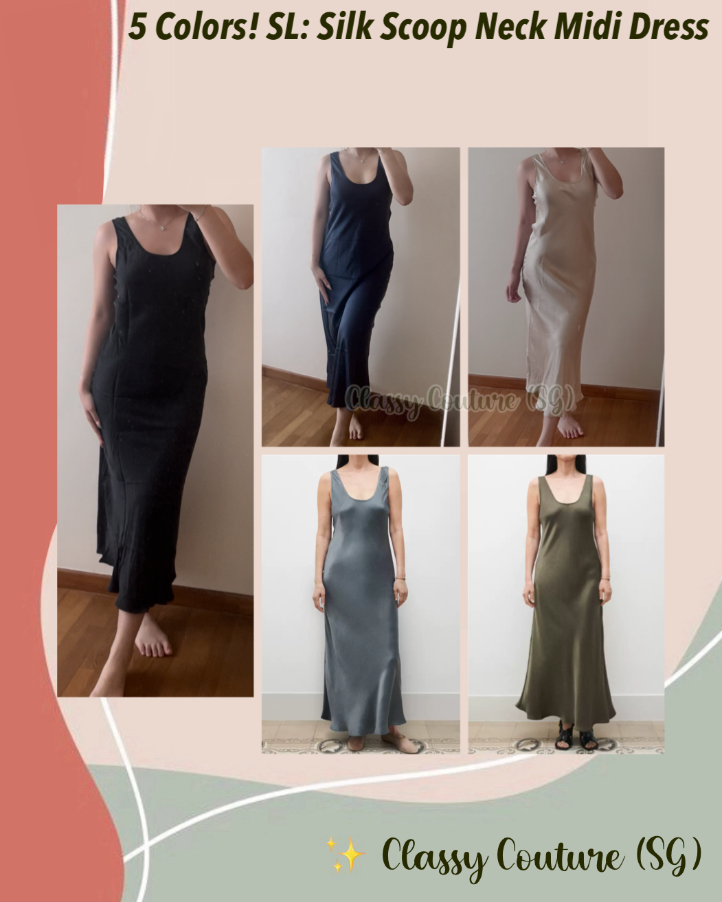 5 Colors! SL Scoop Neck Silk Midi Dress