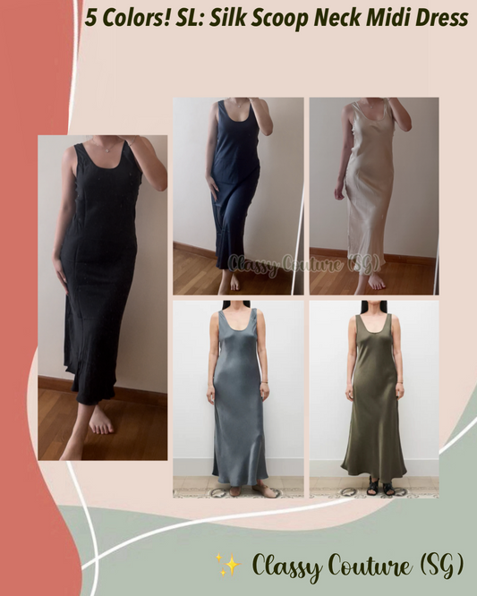 5 Colors! SL Scoop Neck Silk Midi Dress