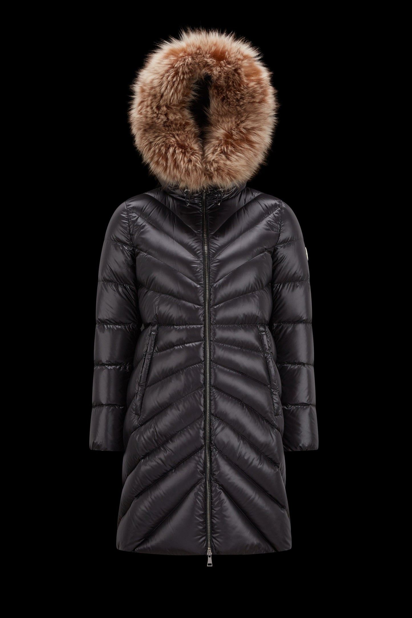 MC Chandre Long Down Puffer Jacket Coat With Removable Shearling Trim in Black