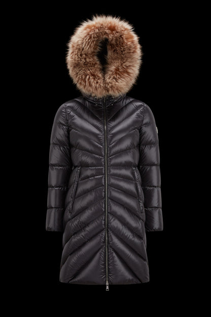 MC Chandre Long Down Puffer Jacket Coat With Removable Shearling Trim in Black